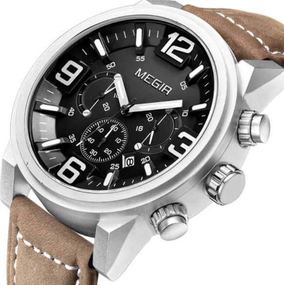 Genuine Leather Quartz Men Watch Sports Style Watches 3ATM WaterProof Chronograph Mens Wristwatch