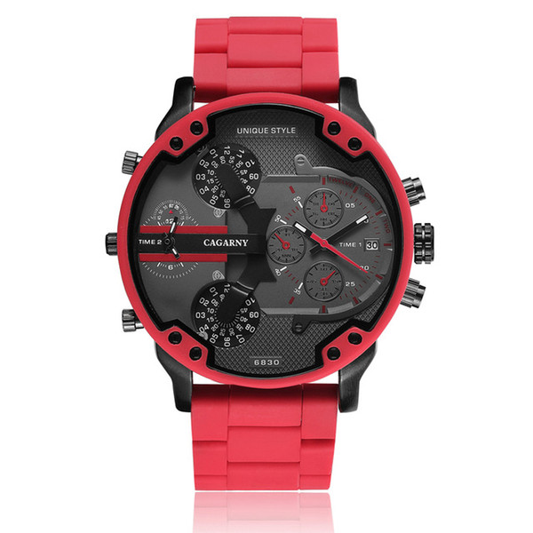 Cagarny Cool Big Quartz Watch For Men Red Silicone Steel Band Sports Wristwatch Man tactical Relogio Masculino D7370 Male Clock