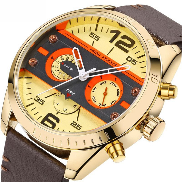 Top Brand Men Army Sports Watches Men Quartz 24 Hours Date Clock Male Leather Strap Gold Watch relogio masculino