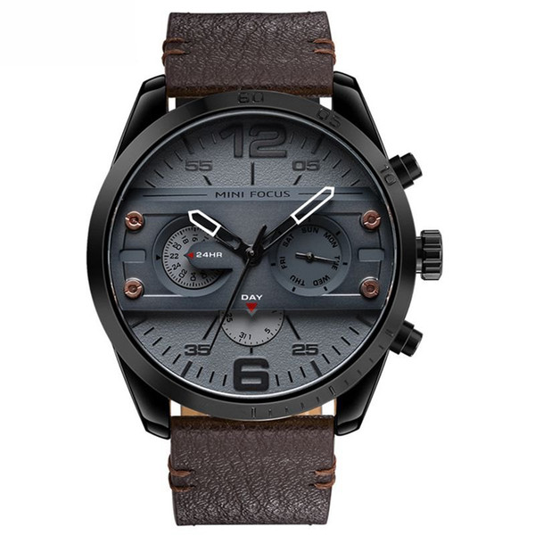 Top Brand Men's Watch 24 Hours Date Day Leather Wristwatch Male Army Quartz Sports Watches Men Brown Clock Relogio Masculino