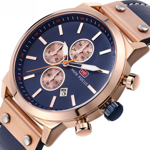 Top Brand Chronograph Men Quartz Sports Watches Men Rose Gold Date Analog Clock Male Leather Strap Watch