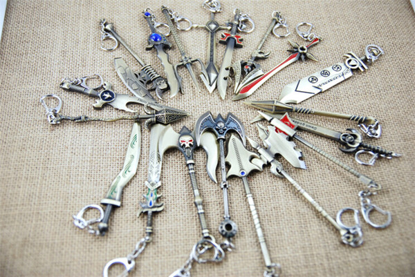 100pcs LOL Champions Weapon Sword League of Legends Zinc Alloy Keychains Exquisite Anime Accessories Key Ring Chain 23 designs D207