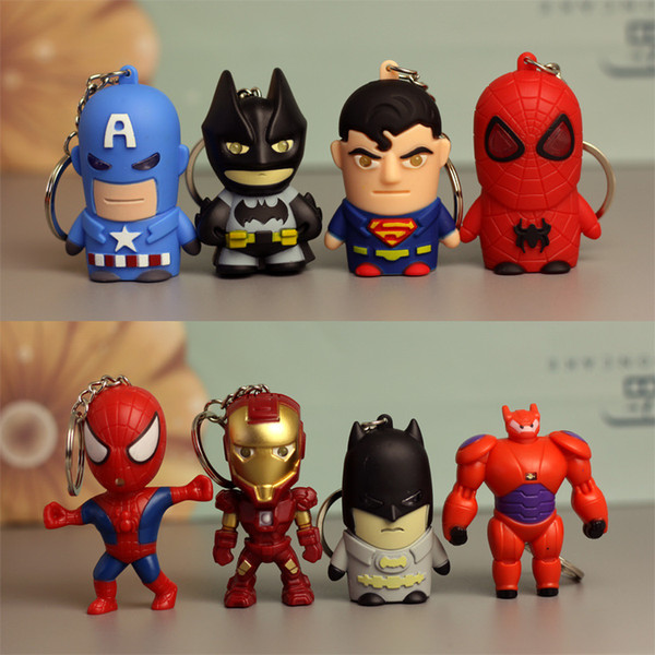 Hot Sale 5-6CM 8 Style The Avengers Spider Man Captain America PVC Have Led Keychain Action Figure For Child Party Gifts