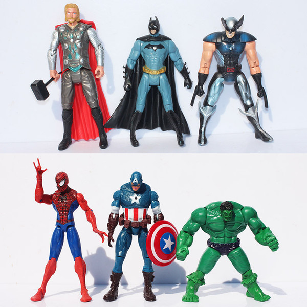 The Avengers Super Heroes 6pcs/set Action Figures 15cm Captain America Spider Man Hulk Thor Batman Wolverine Plastic Toys PVC Dolls Retail