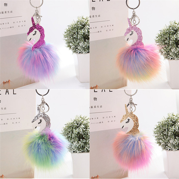 Fluffy Metal Alloy Unicorn Pom Keychain Pendant Cute Artificial R Fur ball Key Chain Bag Car Key Ring Hang Bag 17cm*10cm kids toys