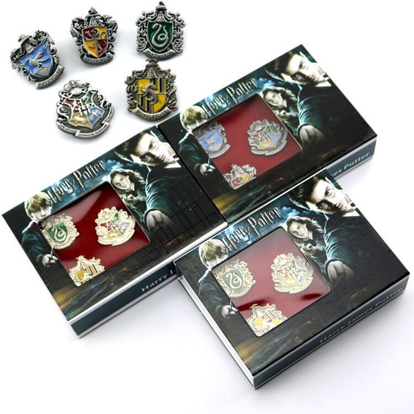 Wholesale Free DHL Harry Potter Badge Sets Metal Brooch Sets Magical School Badge Pin Gryffindor Ravenclaw Slytherin Hufflepuff Brooch