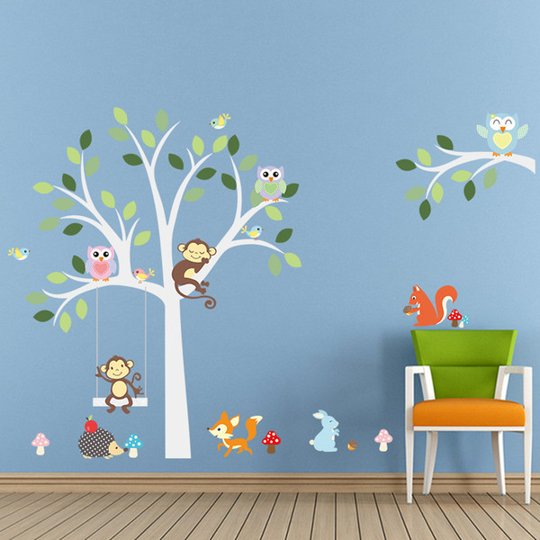 Wise Fox squirrel monkey owls on white tree wall stickers for kids room love birds Wall Decal Vinyl Sticker Nursery room decor