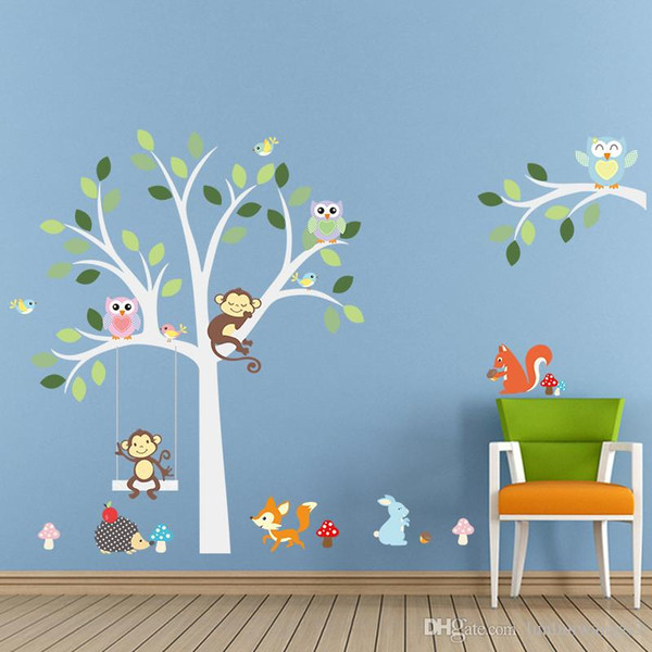 Wise Fox squirrel monkey owls on white tree wall stickers for kids room love birds Wall Decal Vinyl Sticker Nursery room decor