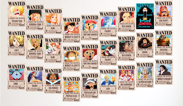 27 pcs/set, 29cm*21cm one piece WANTED poster Anime Cartoon paper wall sticker,free shipping