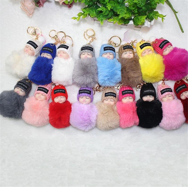 Cute Sleeping Baby Doll Keychain Pompom Rabbit Fur Ball Carabiner Key Chain Keyring Women Kids Key Holder Bag Pendant key ring kids toys