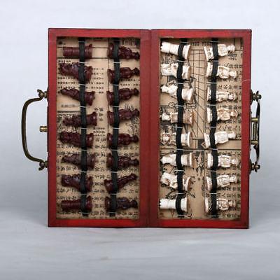 China Qing Dynasty Army Style 32 Bull-Bone Pieces Chess Set & Leather Wood Box