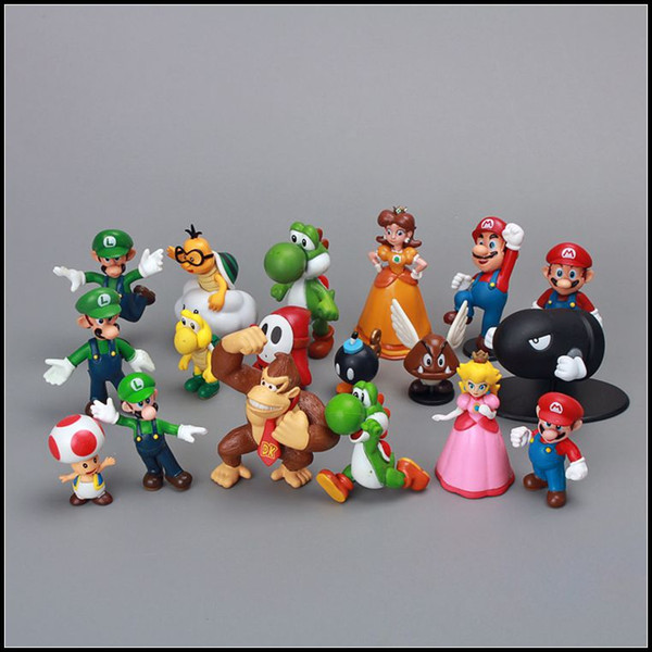 Prettybaby Super Mario Bros 18 pcs/lot PVC Action Figure topper Super Mario NDS Luigi Peach yoshi figures Pt0064#