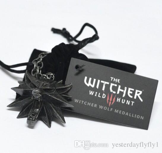Newest Hot The Witcher 3 Wild Hunt Medallion Pendant Chain Necklace The Wild Hunt 3 Figure Game Wolf Head Necklace With Bag & Card