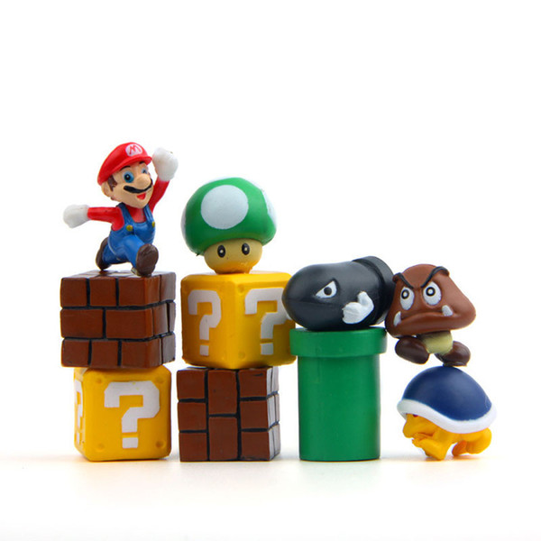 10pcs/set Mini Super Mario Bros Figure Mario Bullet Mushroom Tortoise Wall Well PVC Action Figure Model Toys DIY Decoration Gift B001