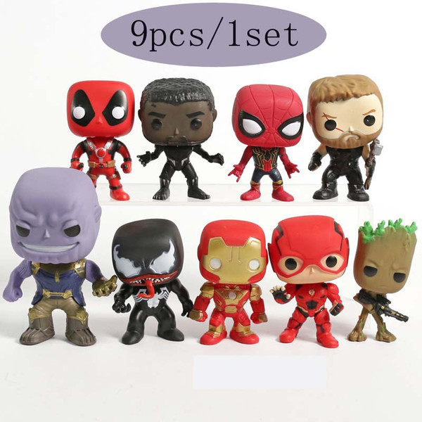 9CM Avengers 4 toy Marvel DC Deadpool Black Panther Spiderman Thor Treen Man Thanos Venom POP Iron Man Flash PVC Figures Toys 9pcs/set B11