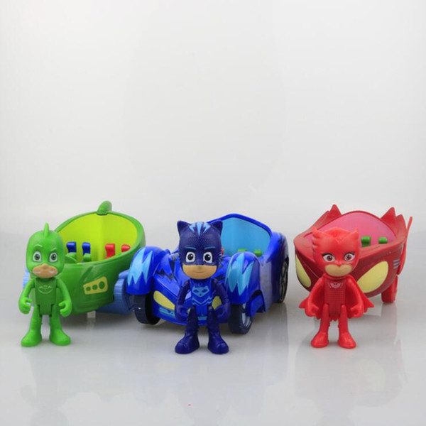 3pcs 3.5 doll with 6-7 inch car Pj Characters Catboy Gekko Cloak Action Figure freddy Toys Boy Gift Plastic Mask brinquedos