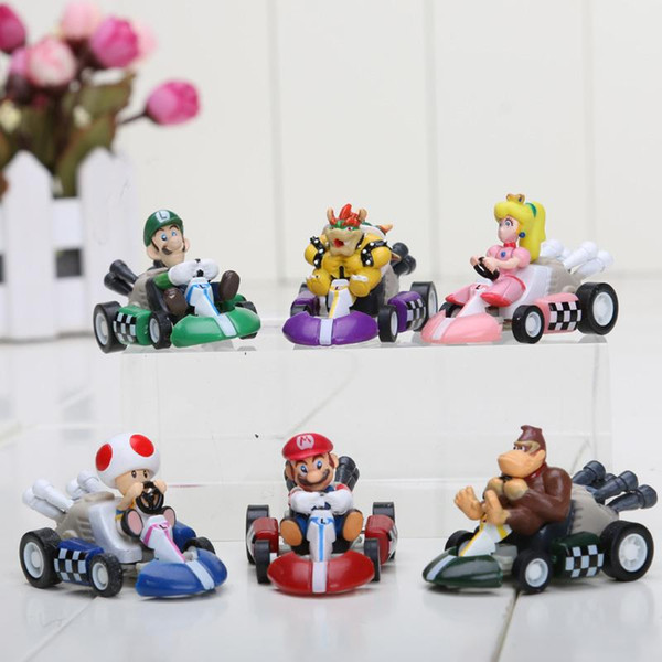 High Quality Super Mario Figure PVC Super Mario Bros FIGURE In Box Kart PULL BACK Car gift toys for children 6PCS