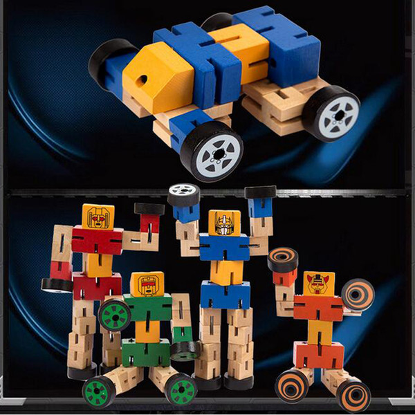 Transformation Wooden Toy Cartoon Style DIY Wooden Toys Rubber Band Elastic Transformation Robot Action Figure Toys, Kids Gift