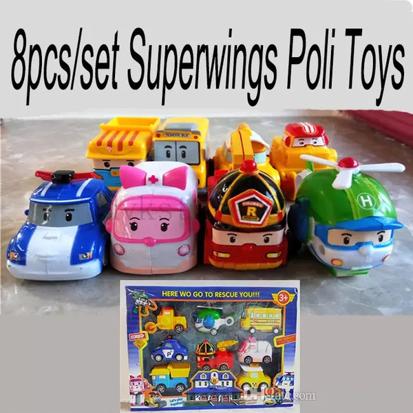 8pcs/set Superwings Poli Toys Korea Robocar Poli - Poli /Amber/Roy/Helly Spring Team Car Plastic Children Gift Safe Toy Doll