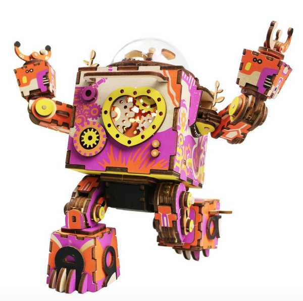 Robotime DIY Action & Toy Figure Steampunk Rotatable Robot Wooden Clockwork Music Box Perfect Gifts For Friends Children