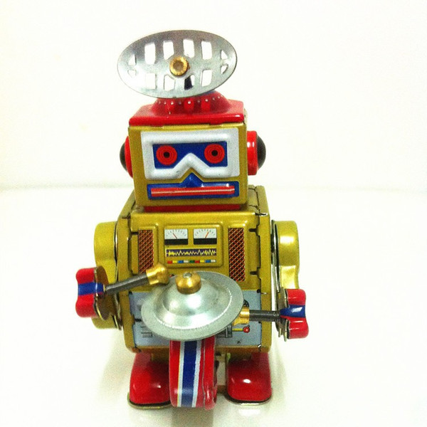 [TOP] Classic collection Retro Clockwork Wind up Metal Walking Tin Band Play gong drum robot recall Mechanical toy kids gift