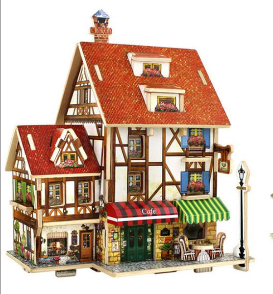 If state 3d three-dimensional puzzle wooden DIY puzzle house Children's educational toys world style card building blocks