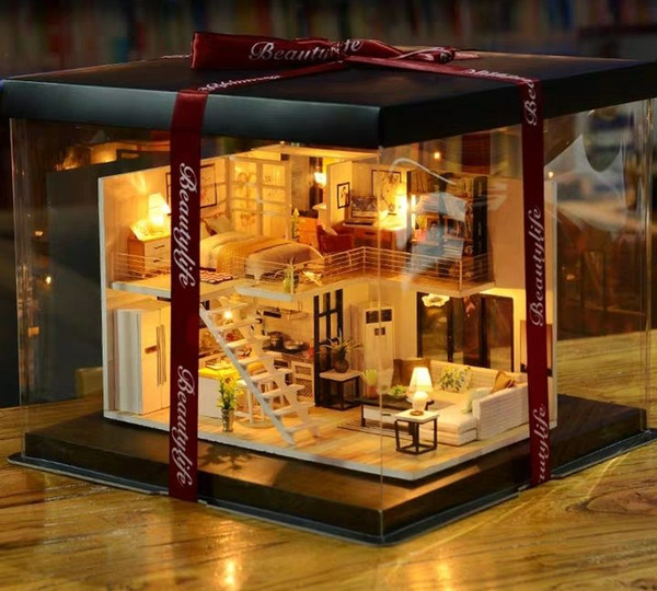 Diy Mini cabin handmade small house model villa assembly toy Building creative Birthday gift LED Wooden Attic