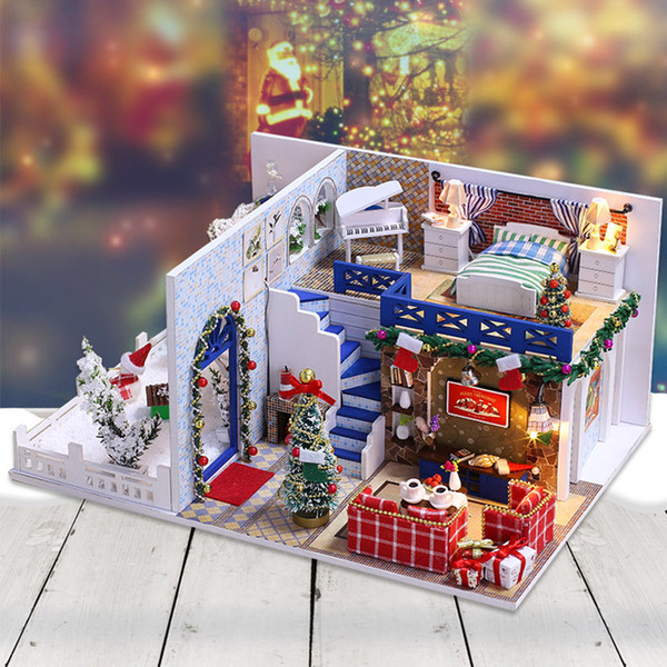 Diy Dollhouse Miniature Wooden Lovely Model Christmas House with dust proof cover for children blue christmas gifts with Led light