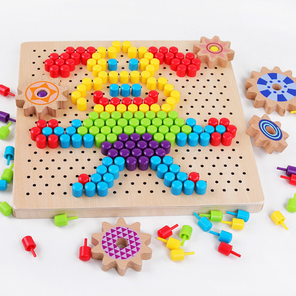 Wood Jigsaw blocks toy Variety mushroom nail pixel painting Wooden mushroom nail assembling board Baby intelligence growth toy