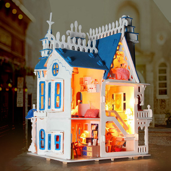 [ TOP ] Sunshine Alice Dream Villa castle light DIY Wooden Miniatura Doll House Furniture Handmade 3D Building blocks girl toy