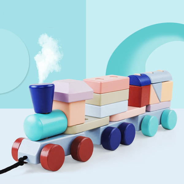 Building blocks train Wooden train Dragging toy Assembling puzzle Wooden blocks DIY Building block tractor Early education toy