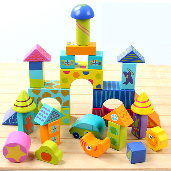 50pcs Large wooden colorful blocks Pile up stacking blocks Situational building block Play house bulding house Intelligent toys