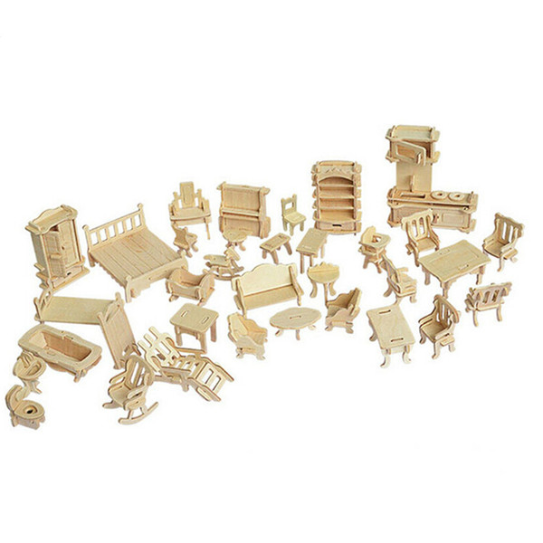 Hot new 34 Pcs/Set Miniature 1:12 Dollhouse Furniture for Dolls,Mini 3D Wooden Puzzle DIY Building Model Toys for Children Gift WCW392