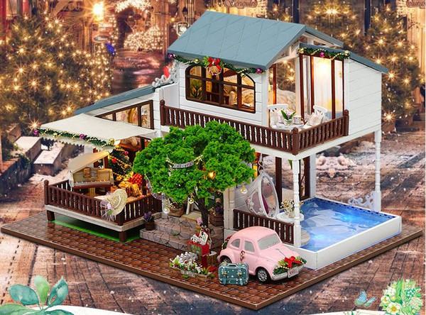 NEW Wooden DollHouse DIY House London Holiday with Furnitures Led Music Box Christmas Novelty Gift Handmade Model Building Kit