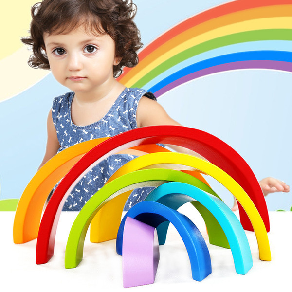 Wholesale- SUKIToy Wooden block Kid's Soft Montessori Colorful Rainbow Wooden Blocks Toy Set 7PCS Classic toys high quality gift for infant