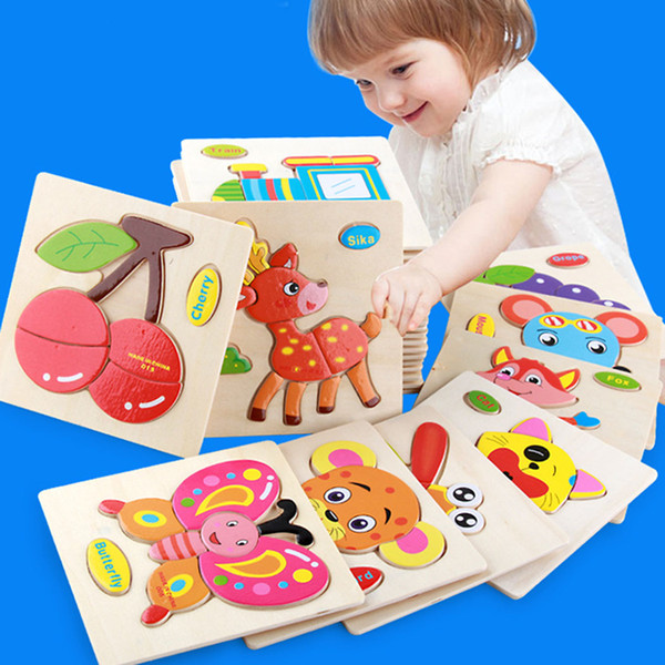 Cartoon wood 3D animal fruit puzzle children hand puzzle toys Kid Educational Building Block