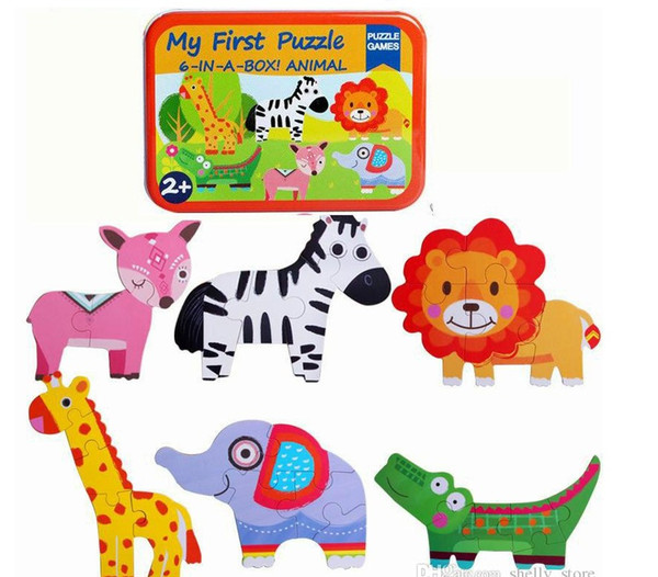 Baby Wooden Jigsaw Puzzle Toy Children Cartoon Animal Puzzle My First Puzzle 6-IN-A-BOX Animal Classic Educational Toys Kids Gift