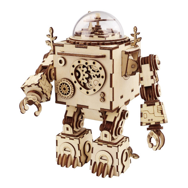 Robotime DIY Action & Toy Figure Steampunk Rotatable Robot Wooden Clockwork Music Box Perfect Gifts For Friends Children AM601