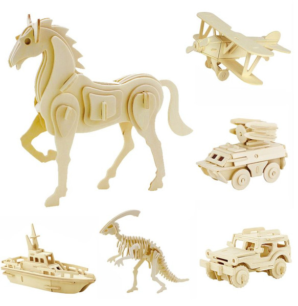 DIY 3D Models Puzzle Educational Toys Wooden Building Blocks Wood Toy Jigsaw Craft Lion Tank Plane Goat Car Snake Horse Shark Spider