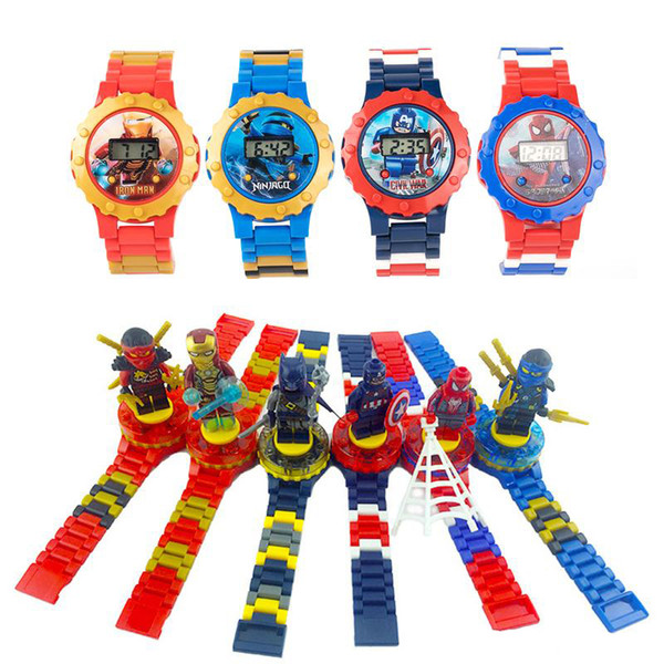 Super hero Watches DC Marvel Avengers Action Figure Toys Cartoon Building Block Watch for Kids Boys Girls Christmas Gift With Box Package