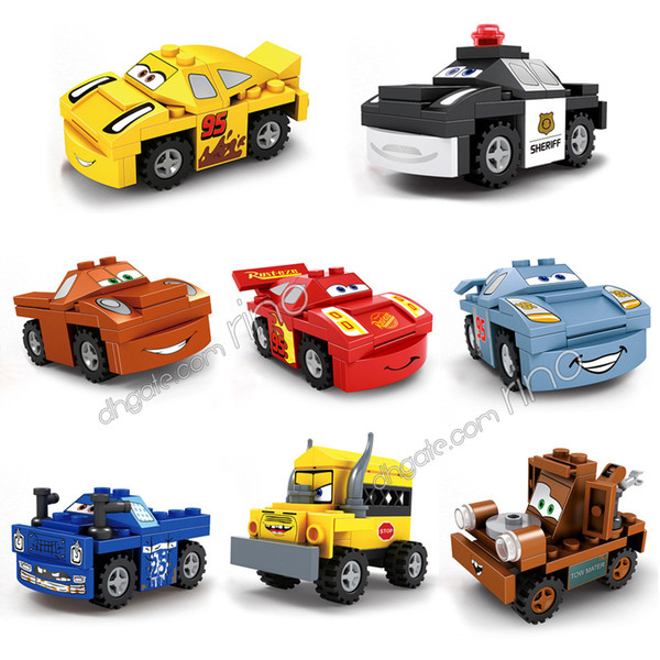 Cartoon cars building blocks lightning mater model cars puzzle kids small particle plastic assembly building blocks boy toys gifts 8pcs/lot