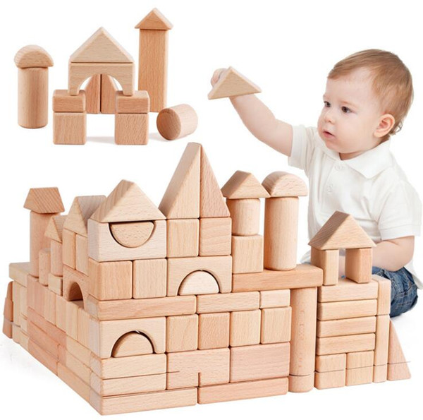 80PCS Original Wooden Blocks Early Educational Toy Geometric Assembling Building Blocks Colorful Beech Wood