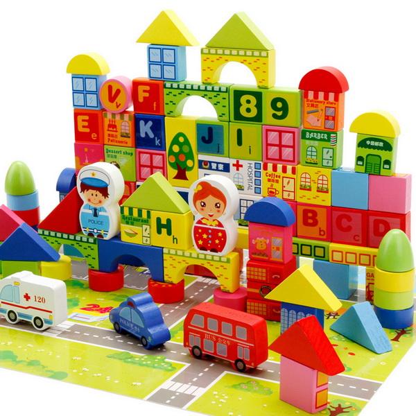 Wood Ball Children's Toy 160pcs Learning Urban Traffic Wood Building Block Puzzle Toy Building Block Stitching