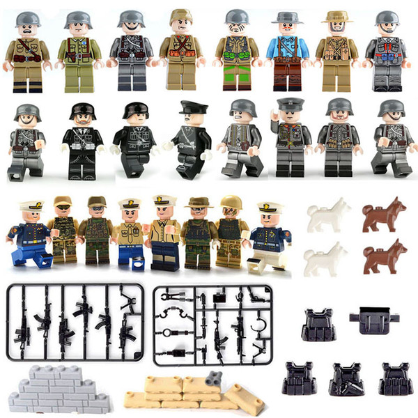 24 pcs Lot The Second World War WW2 Army Marine Navy Soldiers Officer Mini Military Action Figure Building Blocks Toy With Weapon