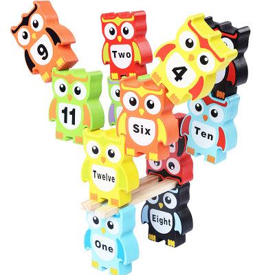 China Supplier Hot Funny Popular Kids Wooden Building Block Set Wooden Large Colorful Digital Owls Stack Children Puzzle Building Blocks Toy