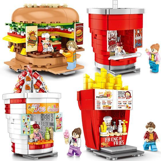 Building Block Food Stalls Hamburger Shop Soda Drink Shop Ice Cream Shop French Fry With oOiginal Packaging