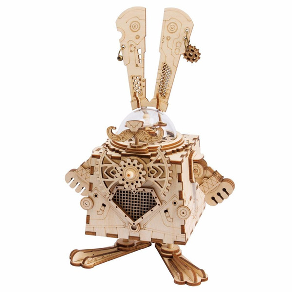 Robotime 3D Puzzle DIY Movement Assembled Wooden Rabbit Model for Children girls boys brain training gifts Music Box Bunny AM481