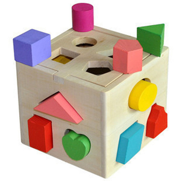 Wooden Cube Bricks Geometric Shape Matching Blocks Sorting Box Learning Puzzle Montessori Method for Kids Baby Intelligence Toy