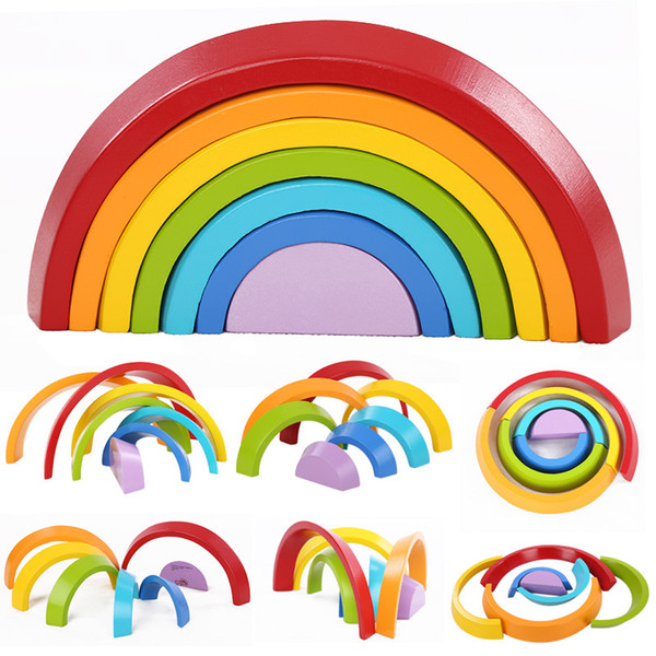 7pcs Children Rainbow Stacking Wooden Block Toys Baby Creative Color Sort Rainbow Wooden Blocks for Kids Geometric Early Learning