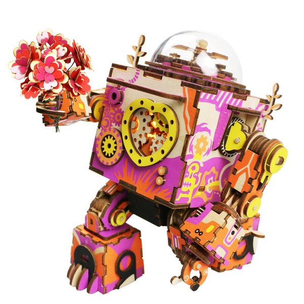 Robotime Limited Edition Colorful Robot Model Building Kit Wooden Steampunk Music Box Toy Gift for Children Lover Friends AM601